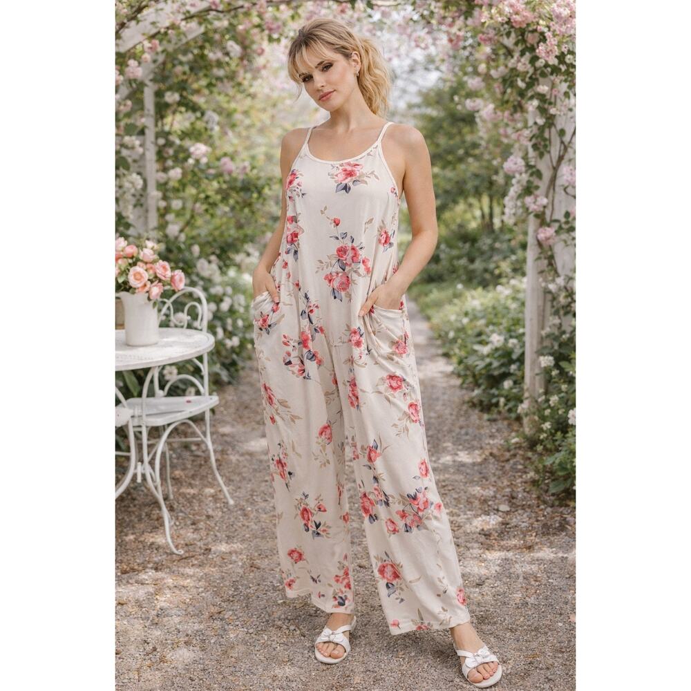 Boho Floral Romper XL Cream Pink Coquette Sleeveless Pocket Cottagecore Spring
